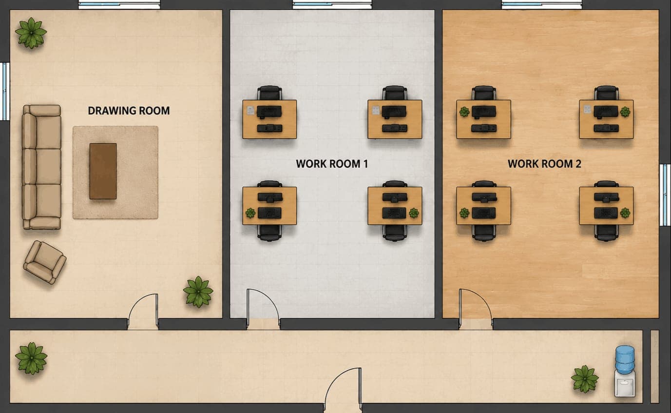 Top view of the Drawing Room, Work Room 1, and Work Room 2